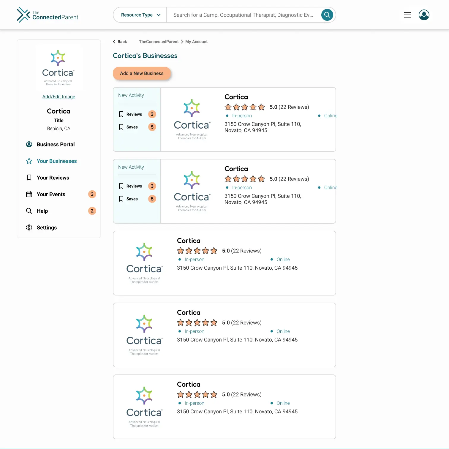 Business Portal businesses screen